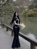 Set áo thun cổ tròn viền line đính cúc đồng mix quần suông ống loe - ĐEN - K8