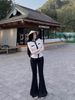 Set áo thun cổ tròn viền line đính cúc đồng mix quần suông ống loe - TRẮNG - K9