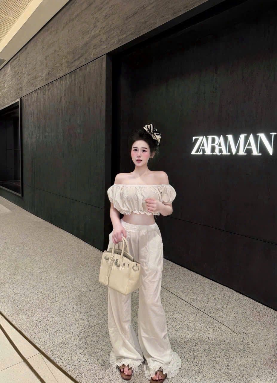  Set áo trễ vai croptop mix quần suông dáng dài chân bèo - TRẮNG - K23 