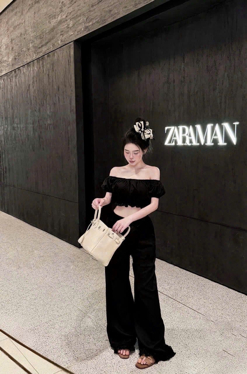  Set áo trễ vai croptop mix quần suông dáng dài chân bèo - ĐEN - K22 