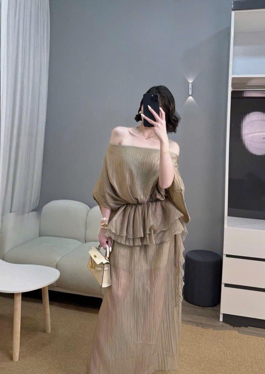  Set áo peplum cánh dơi mix chân váy suông dài tơ đũi - K92 