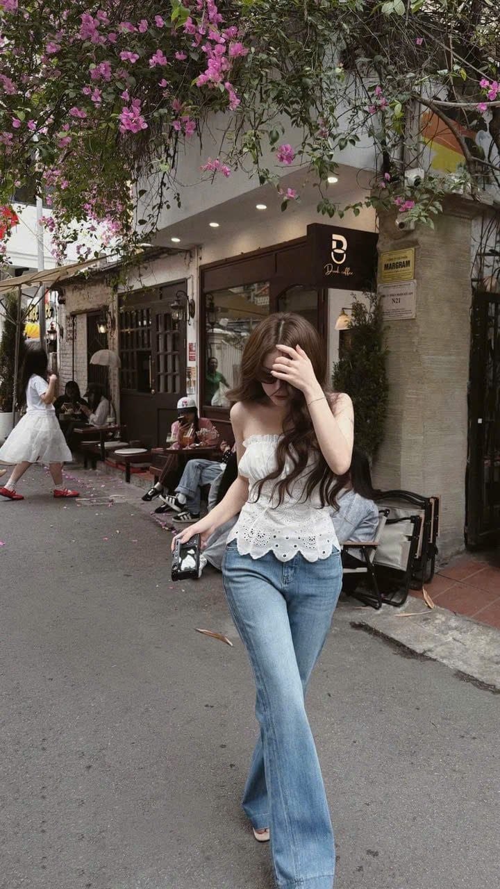  Set áo quây nhúm ngực ren xô mix quần jean ống loe HOT - K103 (EO S<68, M<72) 