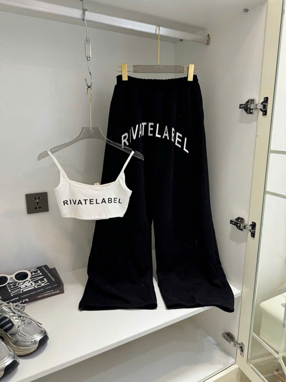  Set áo hai dây form ngắn in chữ mix quần suông ống rộng dây rút - K134 