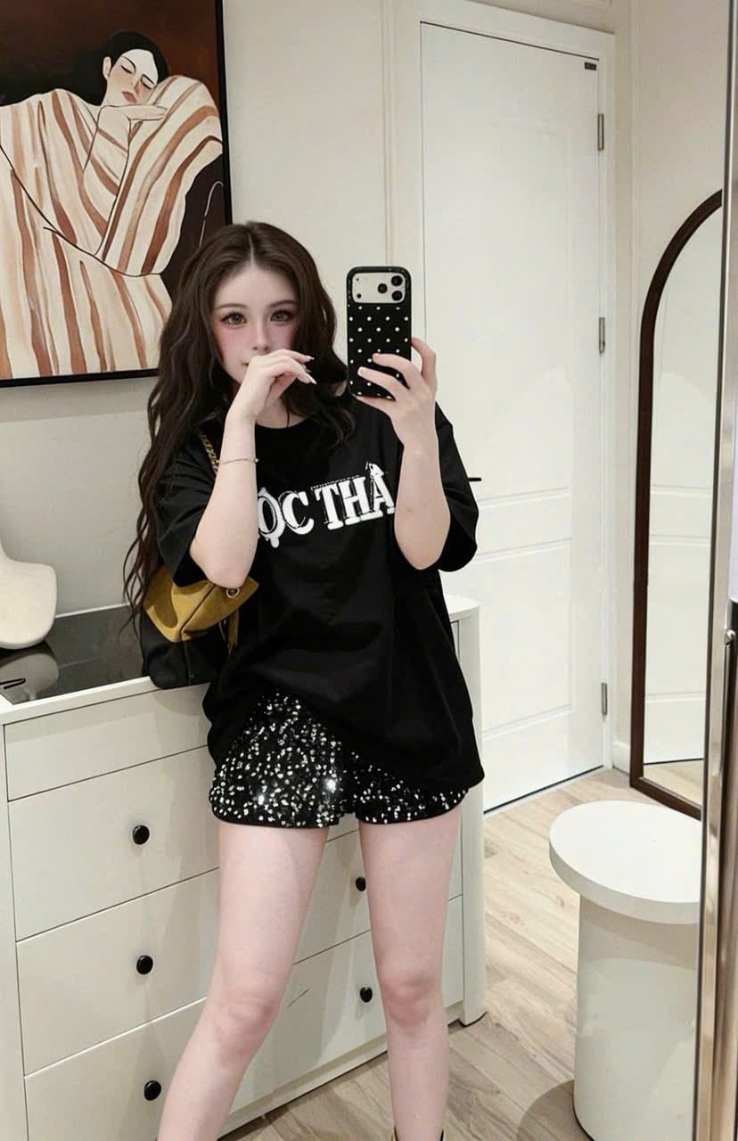  Set áo phông form rộng ĐỘC THÂN mix quần short kim sa - K136 (EO S<68, M<72) 