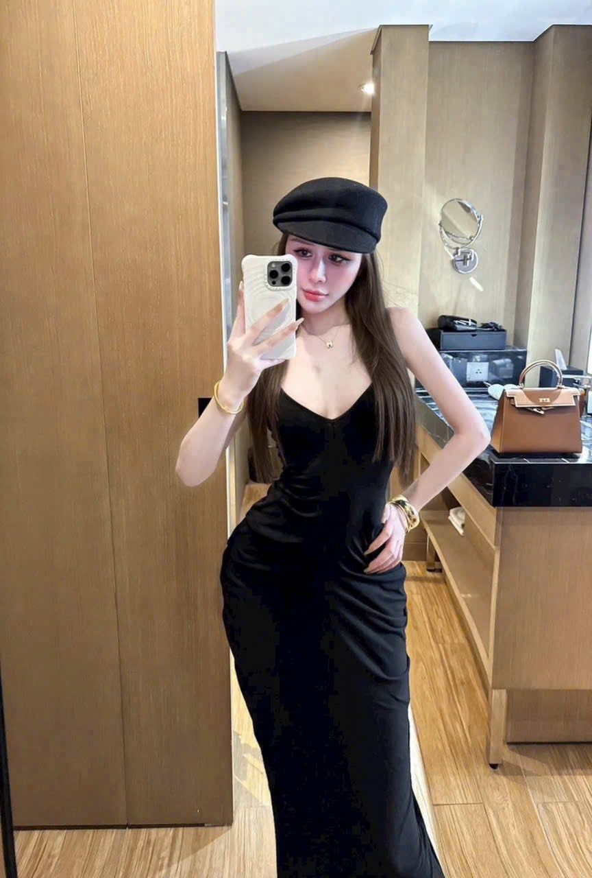  Váy body hai dây cổ v nhún eo hack hông dáng dài - ĐEN - K154 