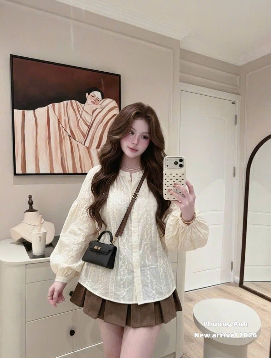  Set áo babydoll xô thêu mix chân váy xếp ly dáng xòe - K172 (EO S<68, M<72) 