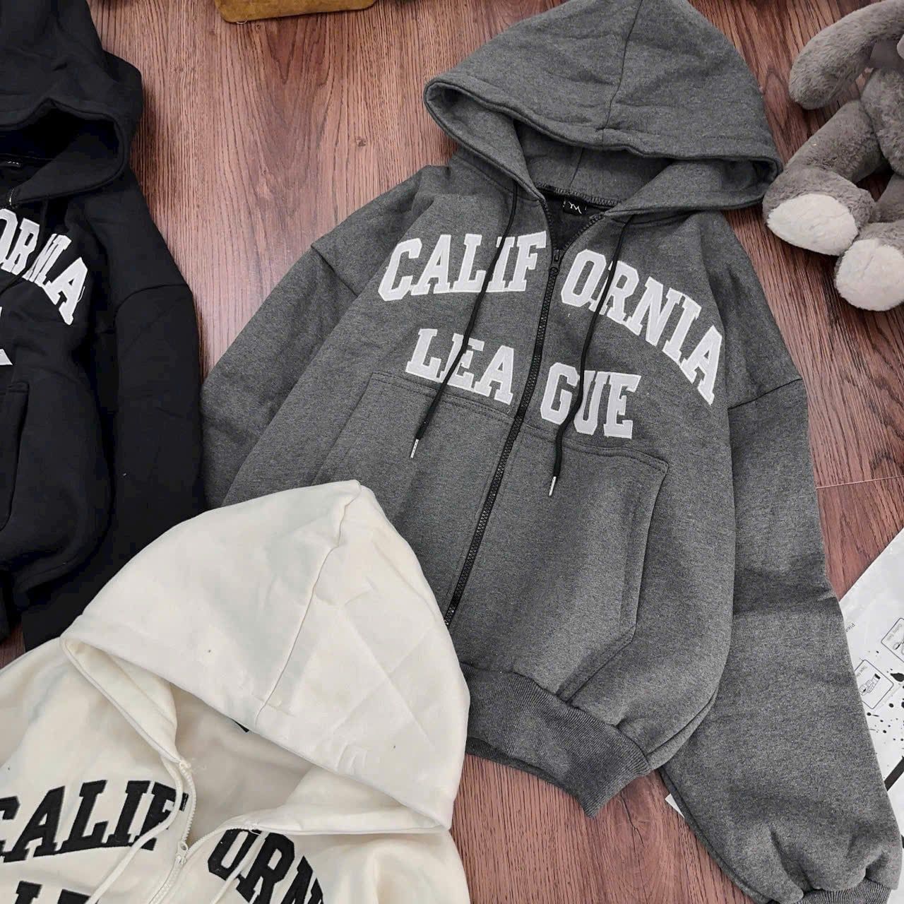  Áo khoác nỉ có nón khóa kéo thêu dập nổi CALIFORNIA - XÁM - K299 