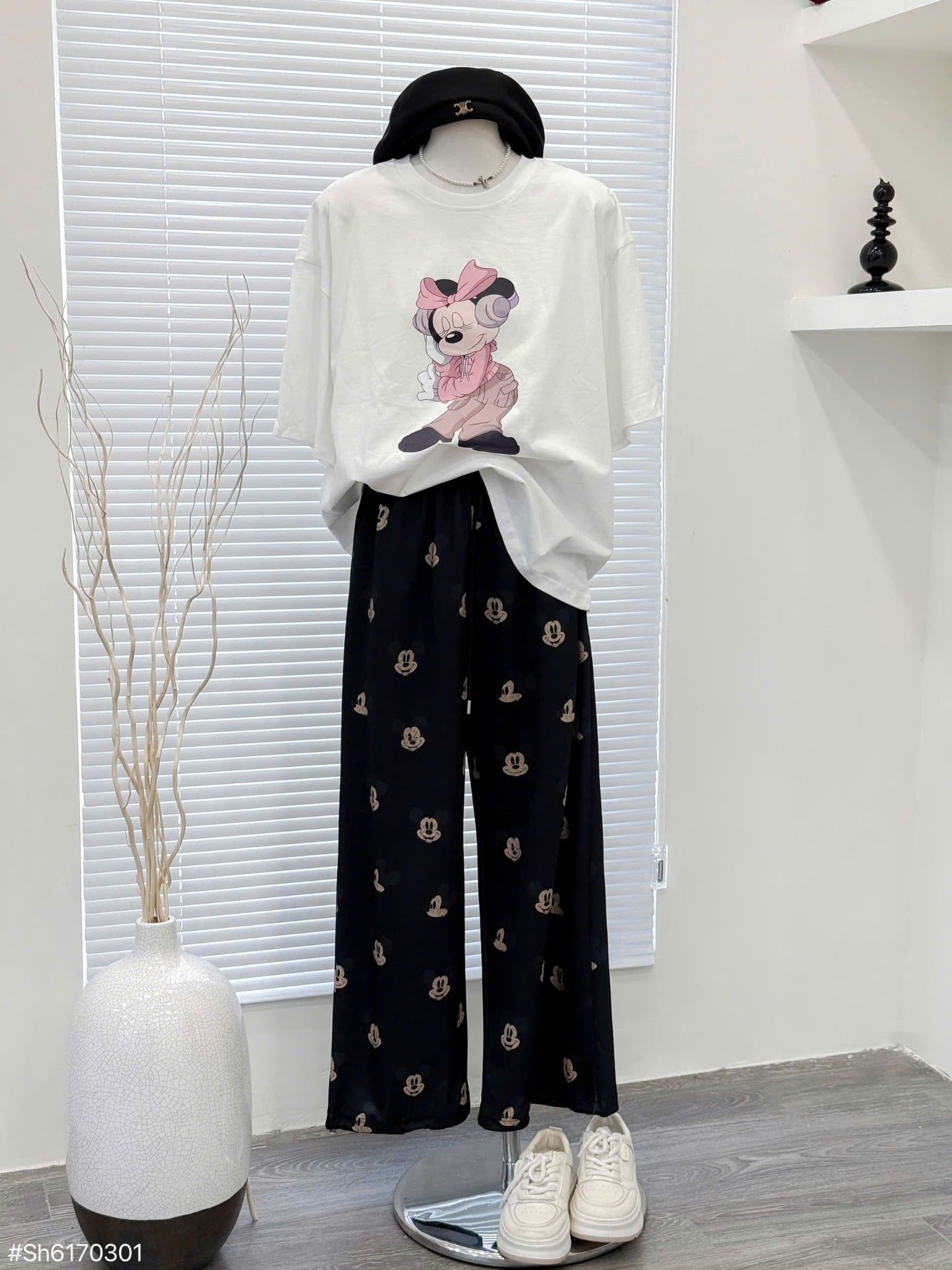  Set áo thun form rộng in MICKEY mix quần dài ống suông họa tiết - HỒNG - K308 