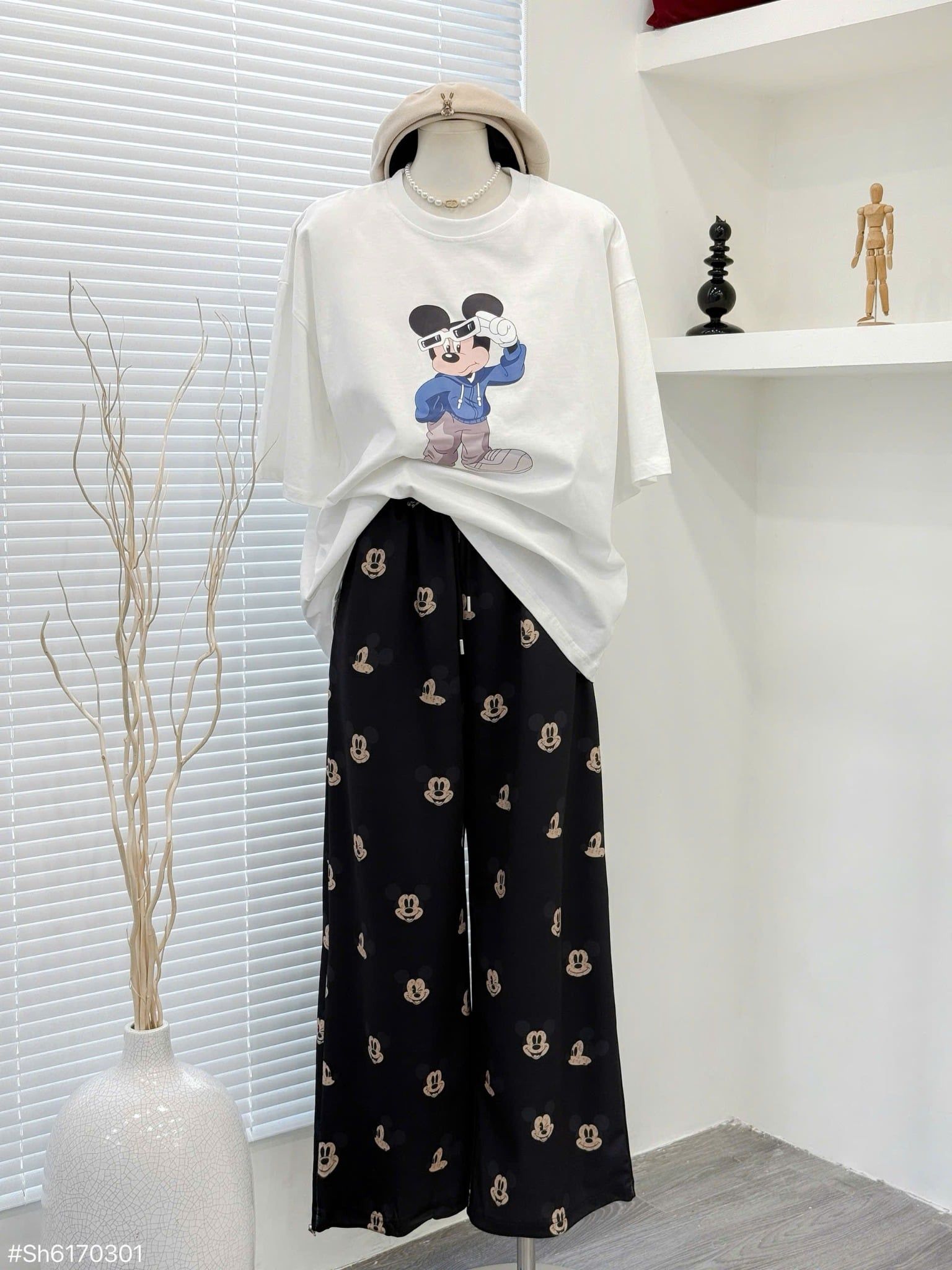  Set áo thun form rộng in MICKEY mix quần dài ống suông họa tiết - XANH - K307 