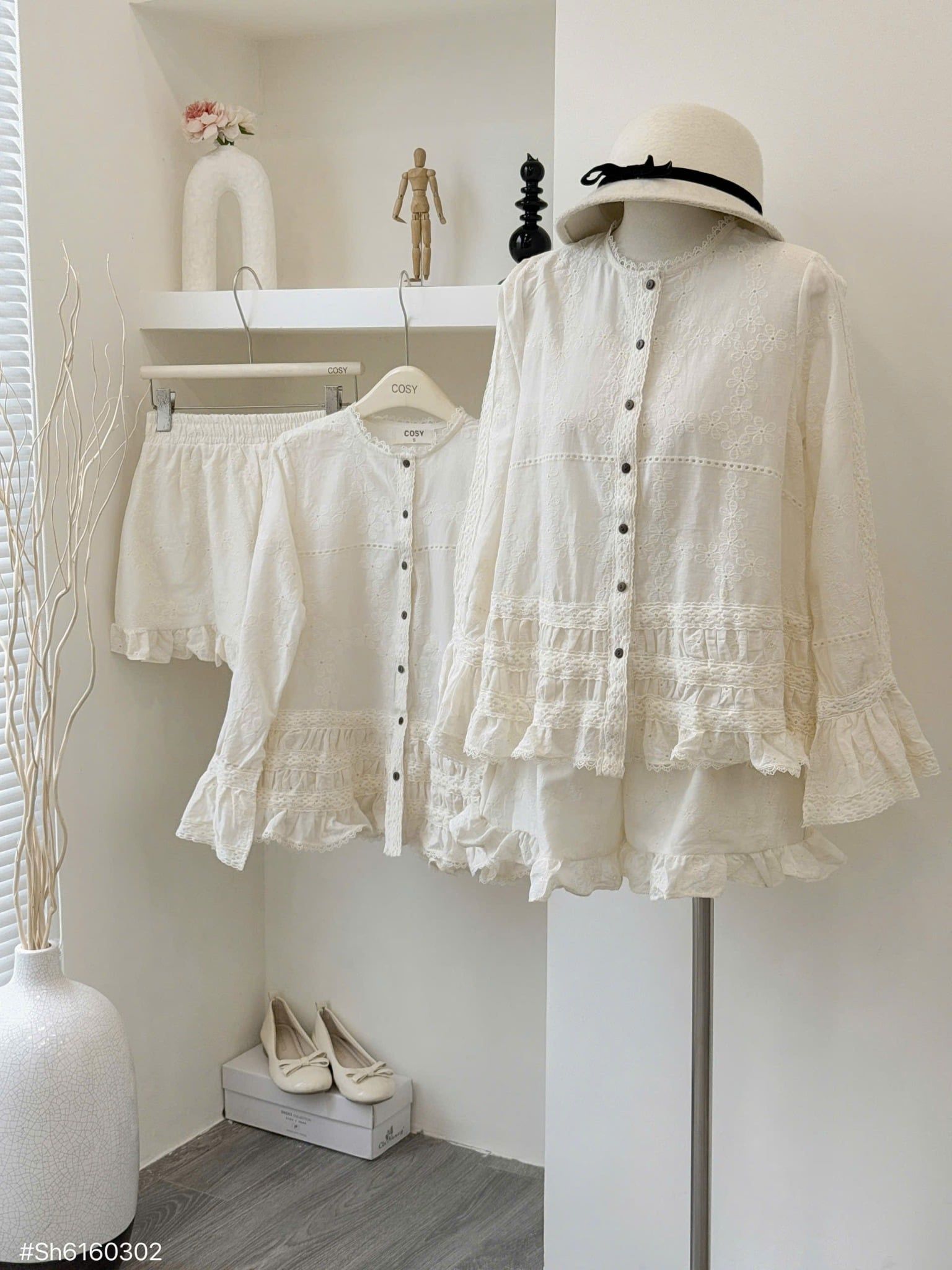  Set áo tay dài cổ tròn viền ren form babydoll mix quần short bèo HOT - K306 