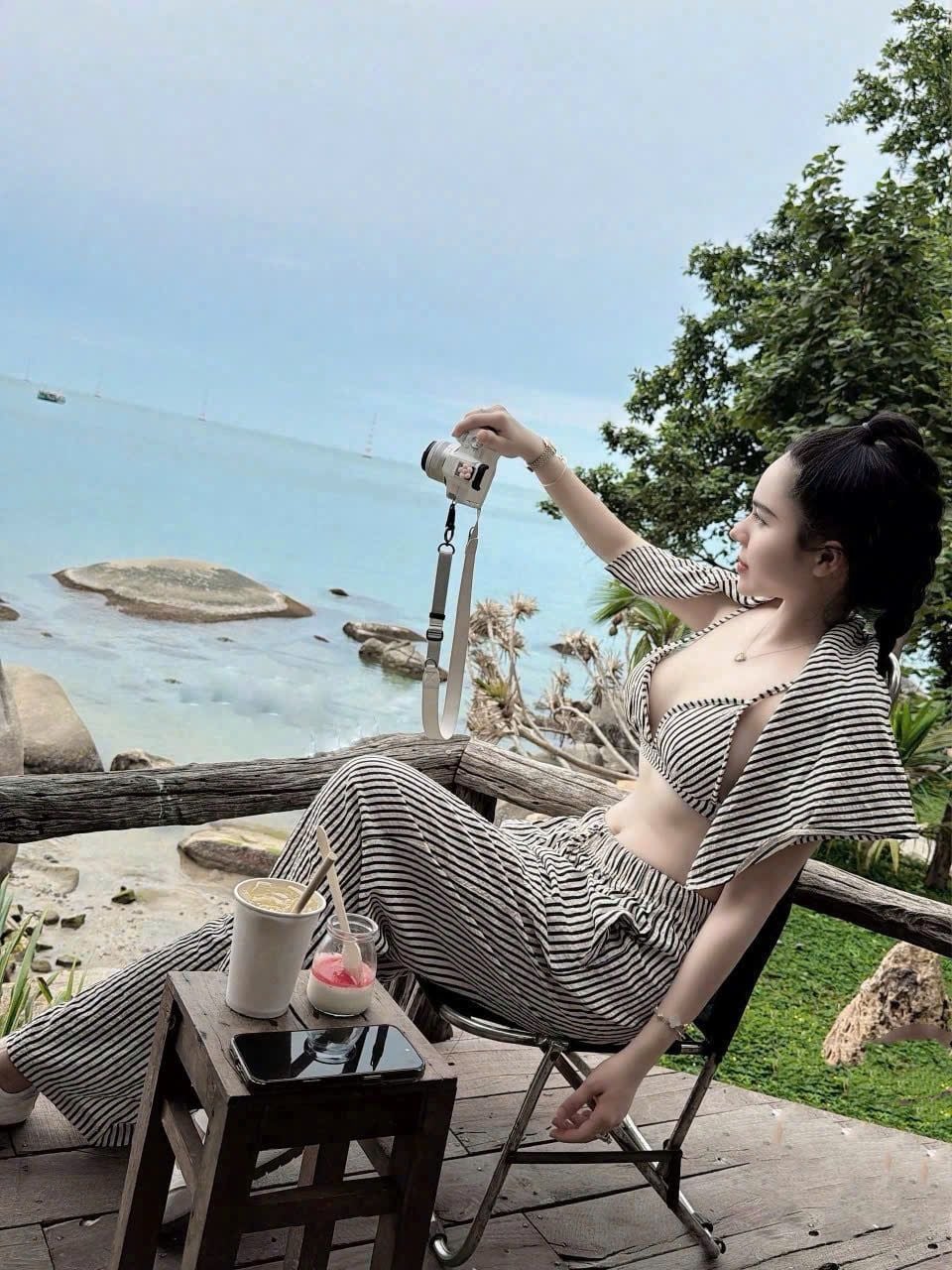  Set 3 món áo bra mix quần suông dài kẻ kèm khăn choàng - K314 