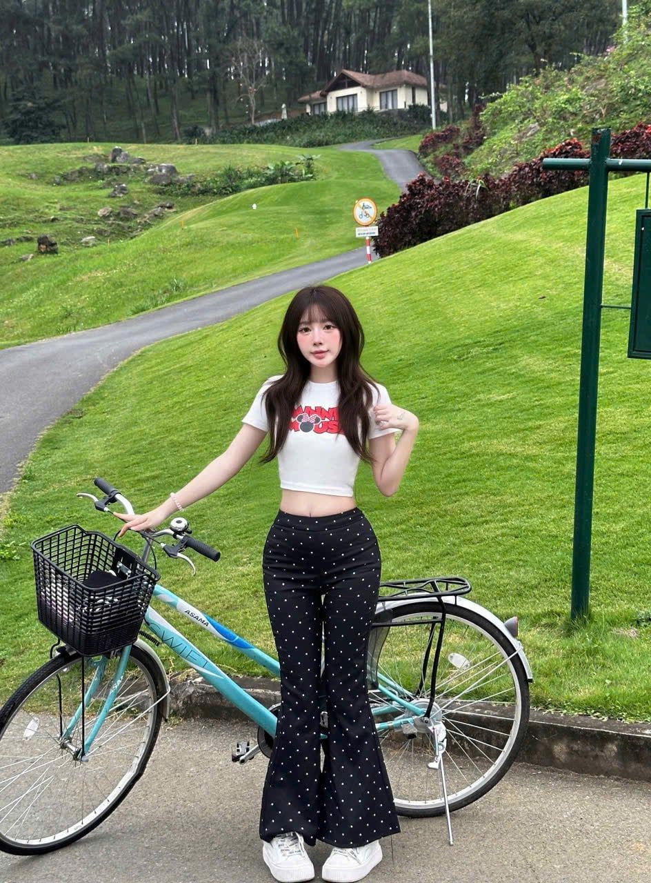  Set áo thun croptop mix quần suông ống loe chấm bi - TRẮNG - K319 (EO S<68, M<72) 