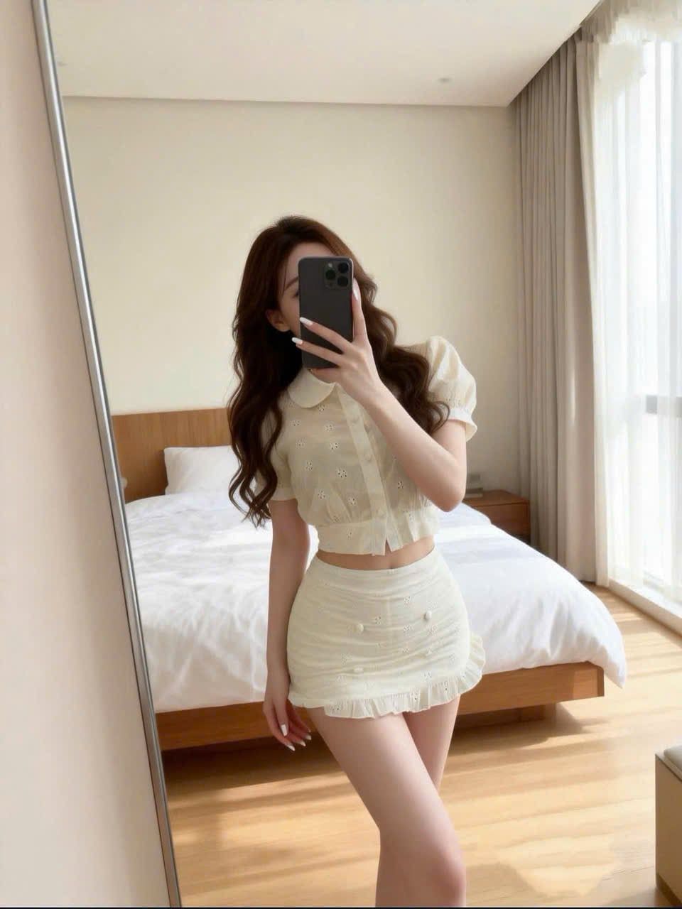  Set áo sơ mi tay bồng cổ sen đính cúc bọc mix chân váy form A phối bèo - K321 (EO S<68, M<72) 