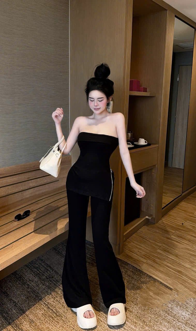  Set áo quây xẻ tà khóa kéo mix quần suông ống loe - ĐEN - K324 