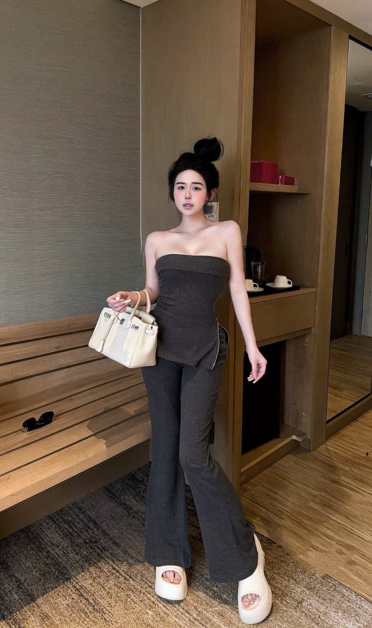  Set áo quây xẻ tà khóa kéo mix quần suông ống loe - XÁM - K325 