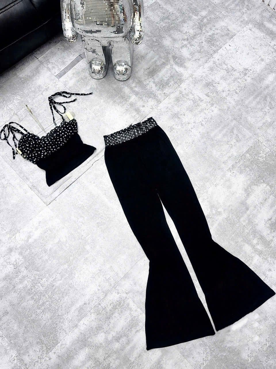  Set áo hai dây rút cúp ngực đính hoa chấm bi quần suông ống loe phối cạp - K329 