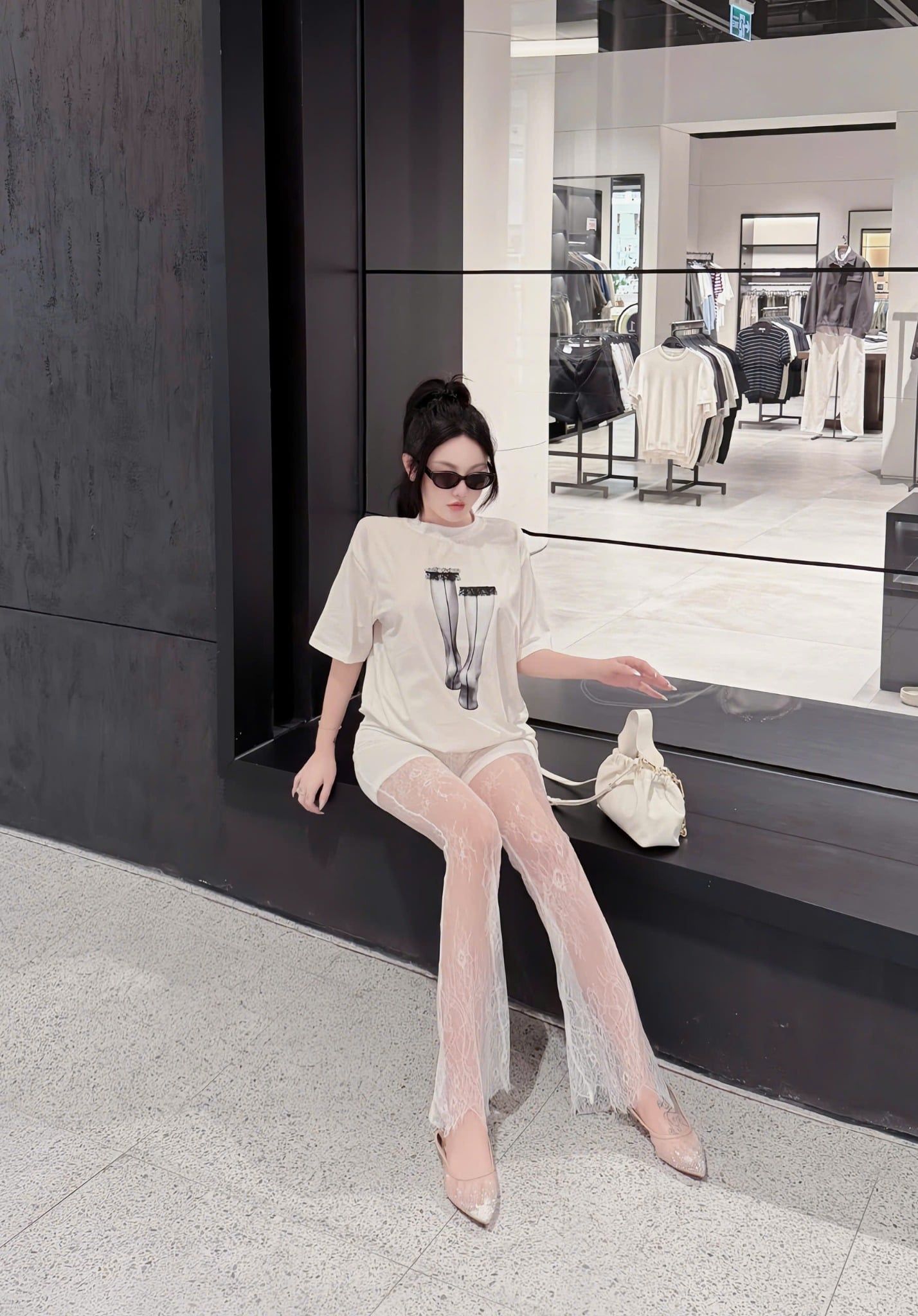  Set áo thun in hình mix quần ren ống loe HOT - TRẮNG - K341 