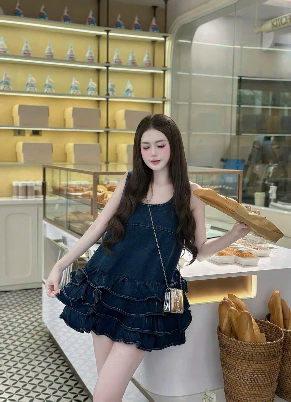  Váy jean cổ u dáng babydoll phối tầng - K347 