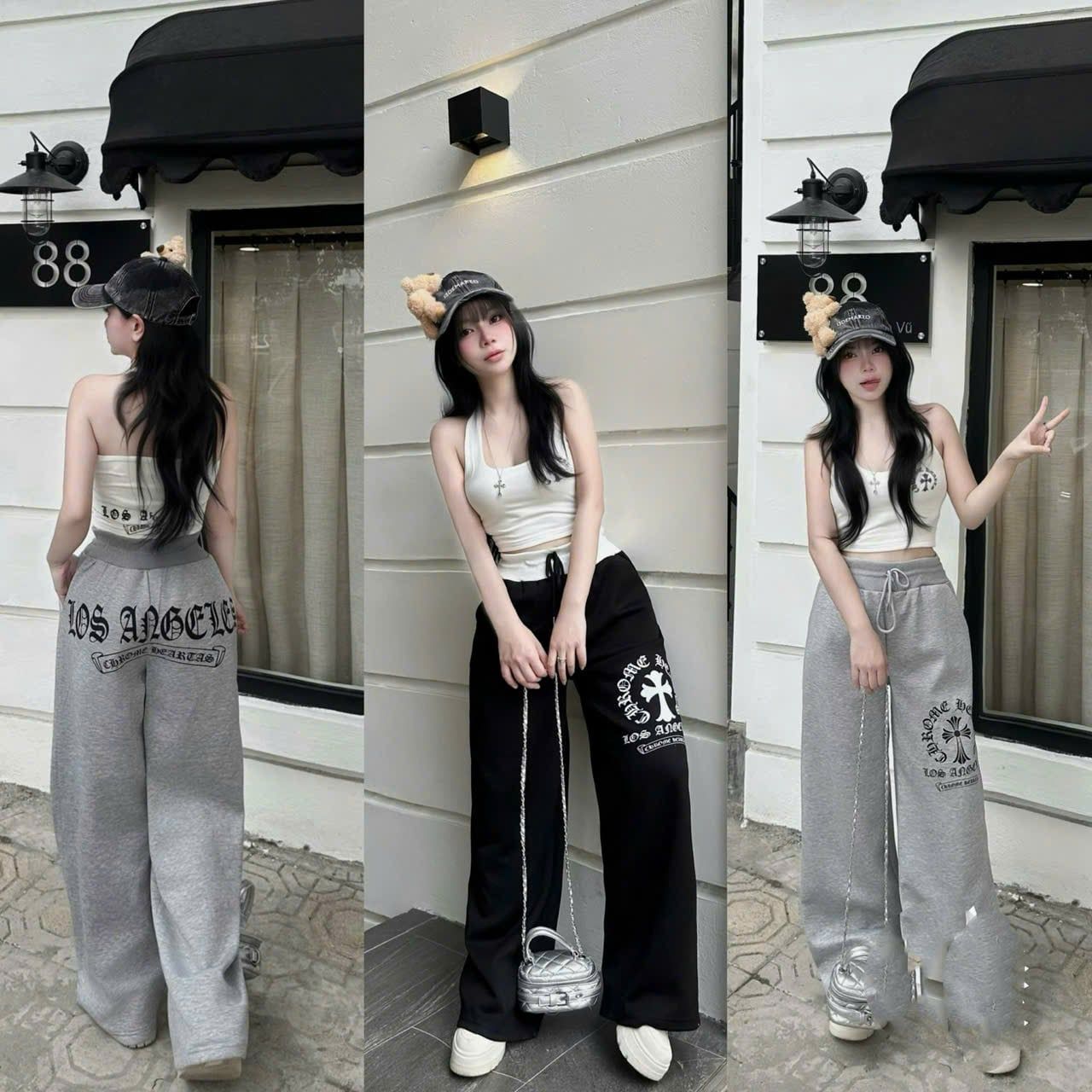  Set áo yếm mix quần suông ống rộng in chữ năng động - XÁM - K350 