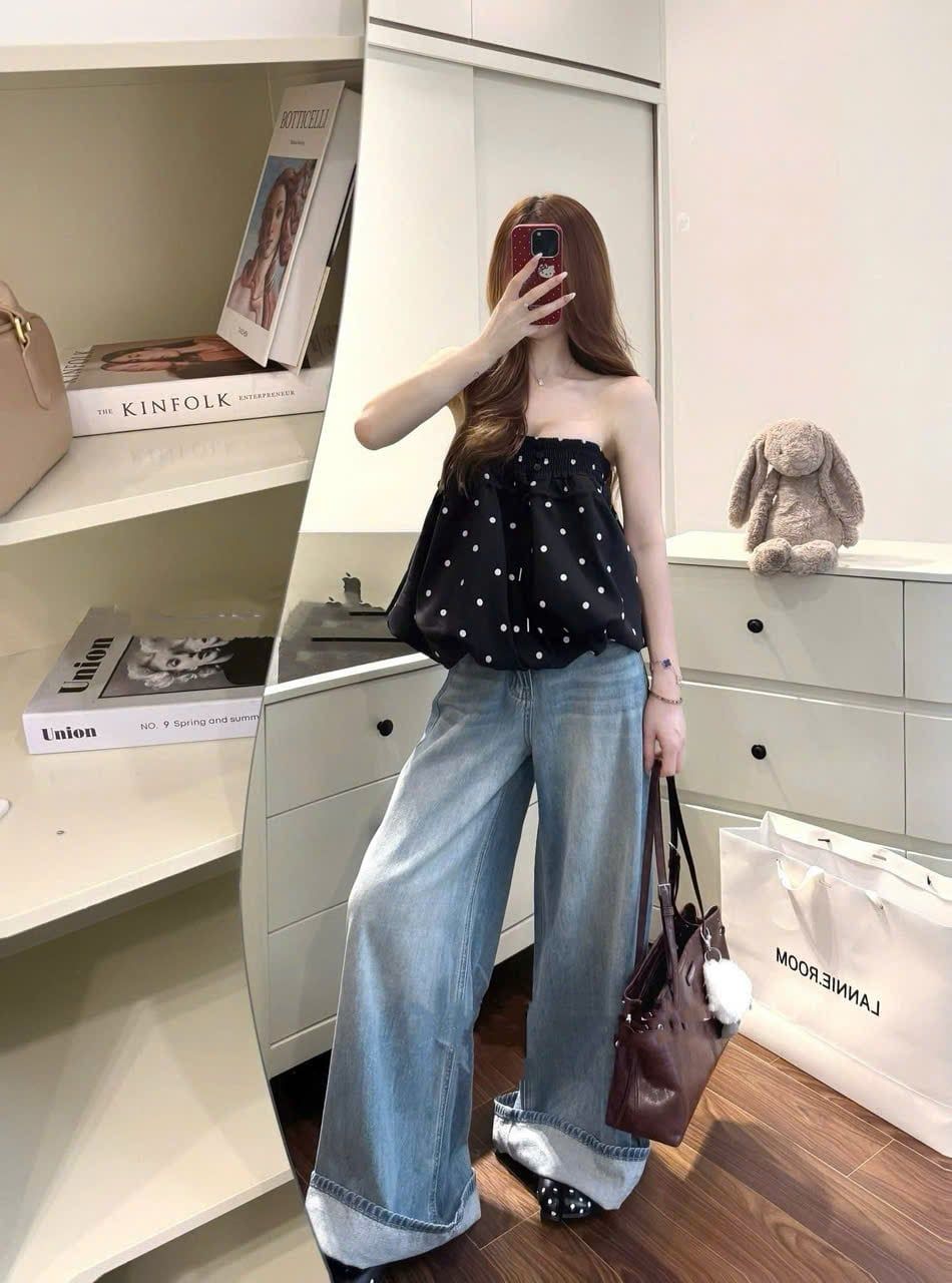  Áo quây bí đính cúc chấm bi form siêu đẹp - ĐEN - Z28 