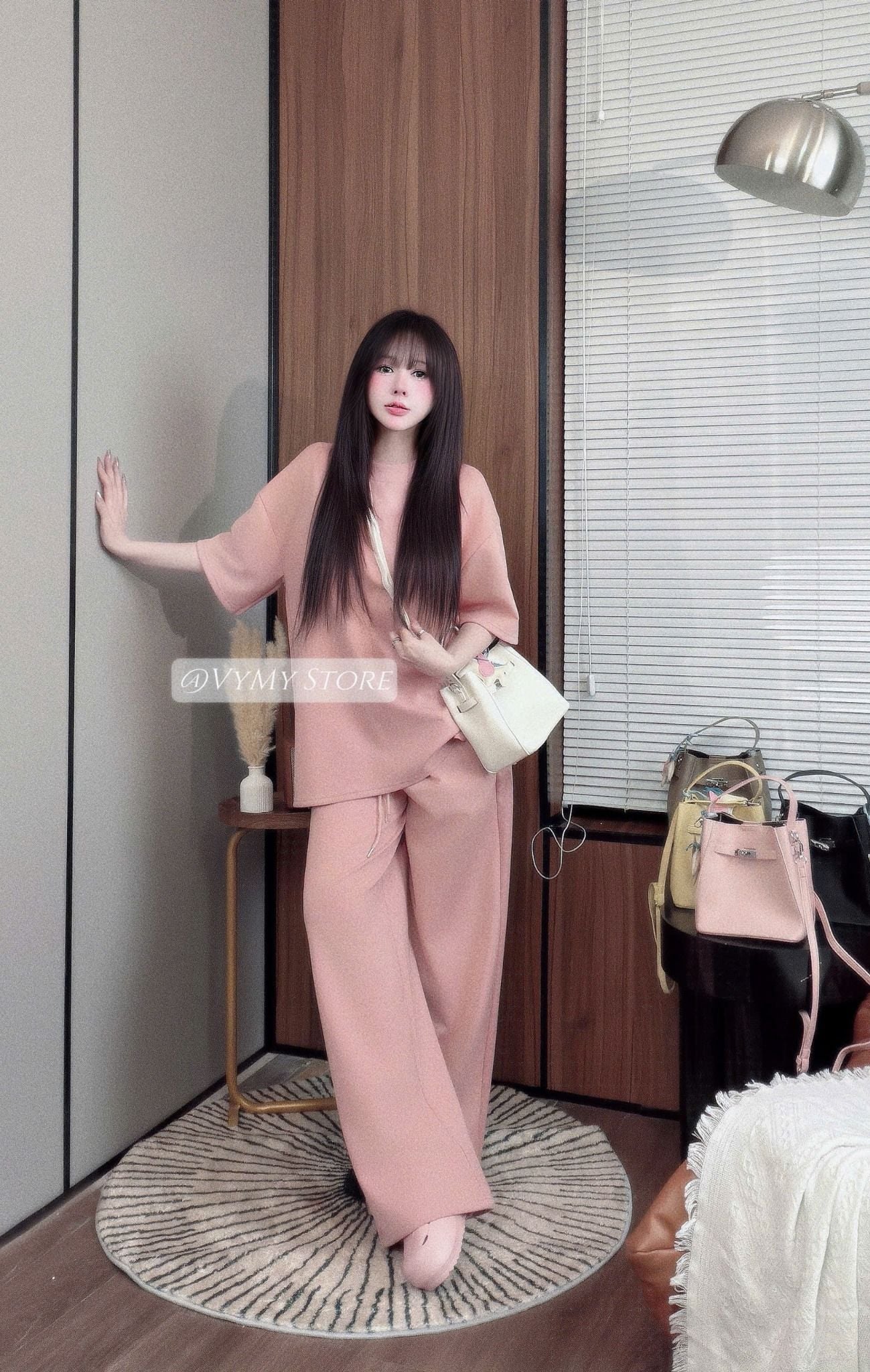  Set áo phông form rộng xẻ tà mix quần suông ống rộng - HỒNG - K13 (Áo dài 63cm, Quần dài 98cm) 