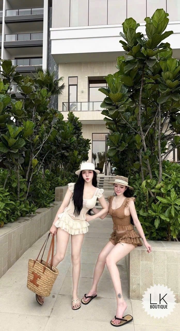  Set áo hai dây tay cánh tiên bo nhún mix quần giả váy phối tầng - NÂU - Z302 
