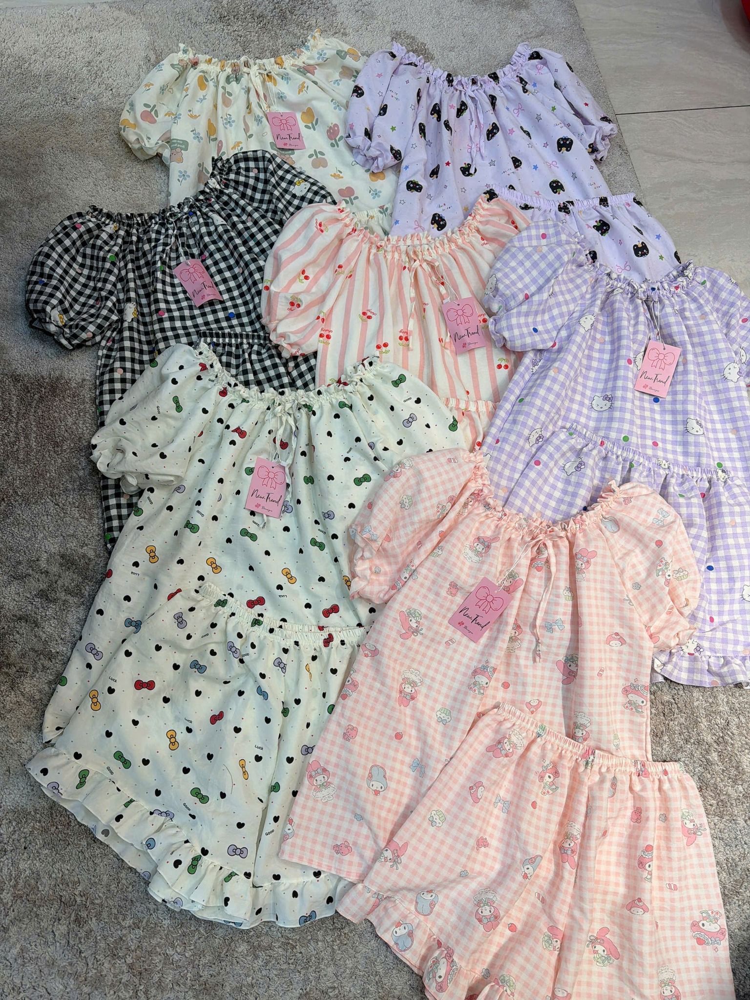  A105 Set bộ áo tay bồng cổ chun mix quần short phối bèo - CARO ĐEN - G3 