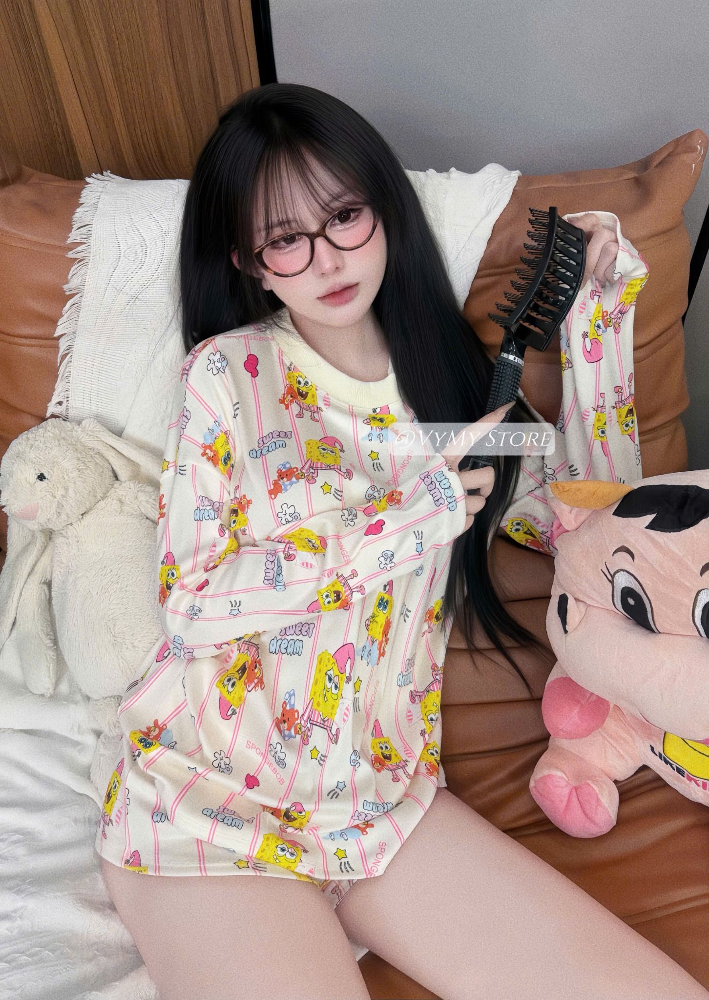  H94 Set áo cổ tròn tay dài mix quần short ngắn lưng chun họa tiết - BỌT BIỂN - G11 