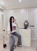 Set áo lệch vai tay lở mix quần suông ống loe kẻ - TRẮNG - G77