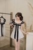(GỐC 339K GIẢM 239K) Đầm tay bồng chấm bi phối ren đính nơ to dáng ngắn - G96 ( eo S<68, M<72, L<76 ) Dài 76cm