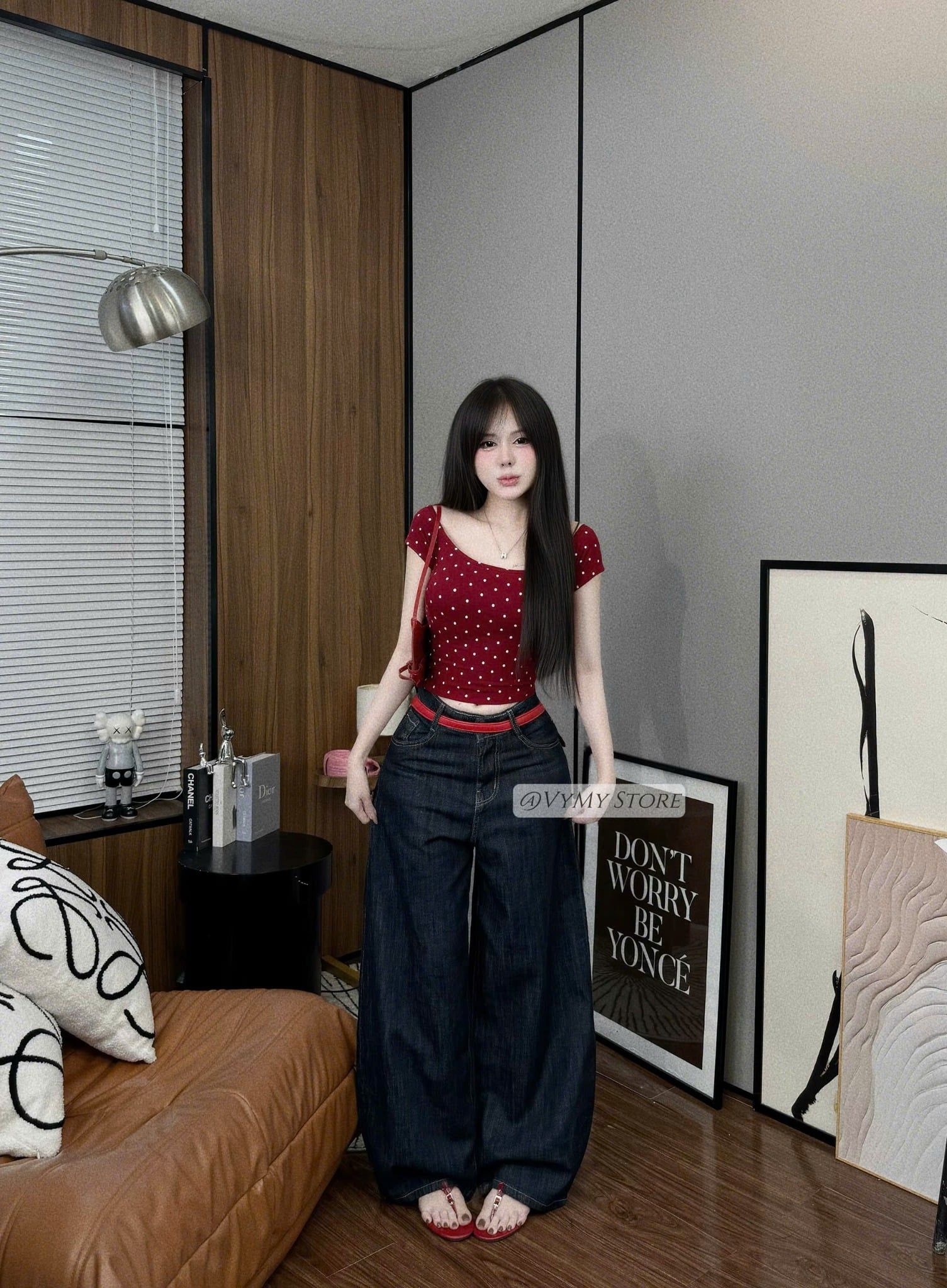  Áo trễ vai hoạ tiết chấm bi tôn dáng - ĐỎ - G215 