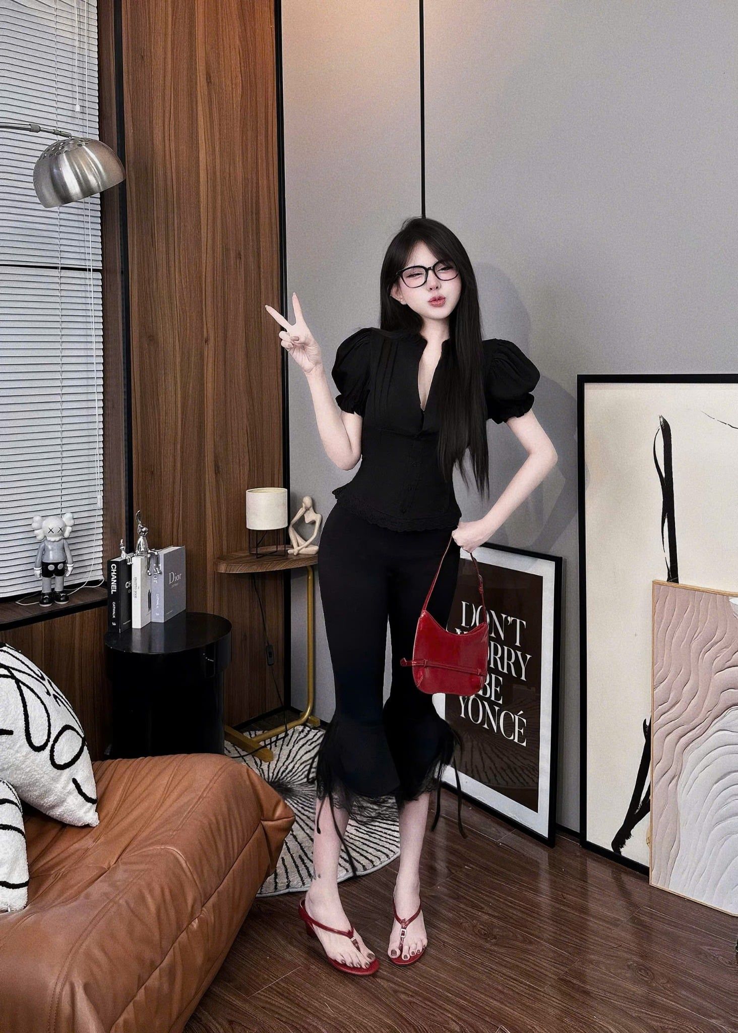  Áo sơ mi cổ tàu tay bồng đính cúc thắt dây - ĐEN - G128 