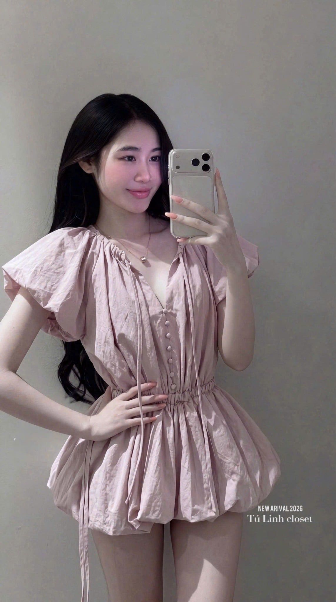  Jumsuit bí tay bồng đính cúc bọc chun eo - HỒNG - E30 