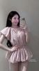 Jumsuit bí tay bồng đính cúc bọc chun eo - HỒNG - E30