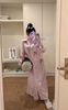 Váy sơ mi suông dài kẻ thêu nổi Hello Kitty đính nơ - E66