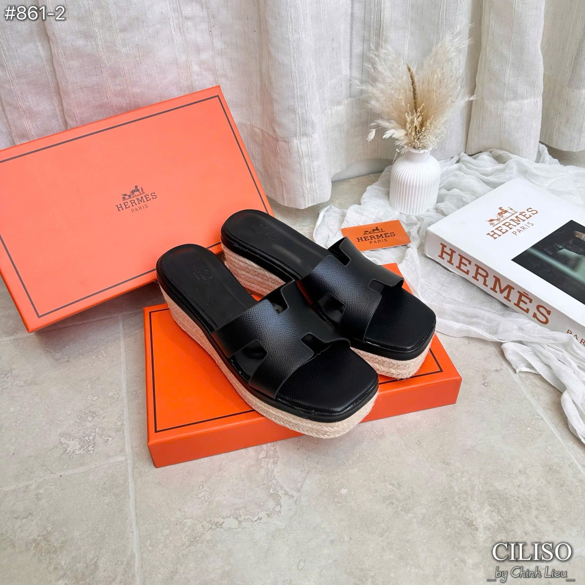  LÊ HM đế xuồng cói FULLBOX hàng siêu cấp - ĐEN - G10 