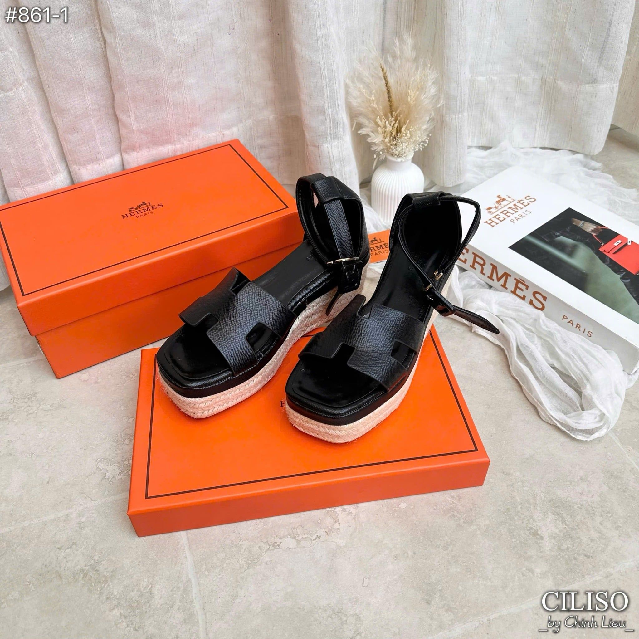  SANDAL HM đế xuồng cói FULLBOX hàng siêu cấp - ĐEN - G12 