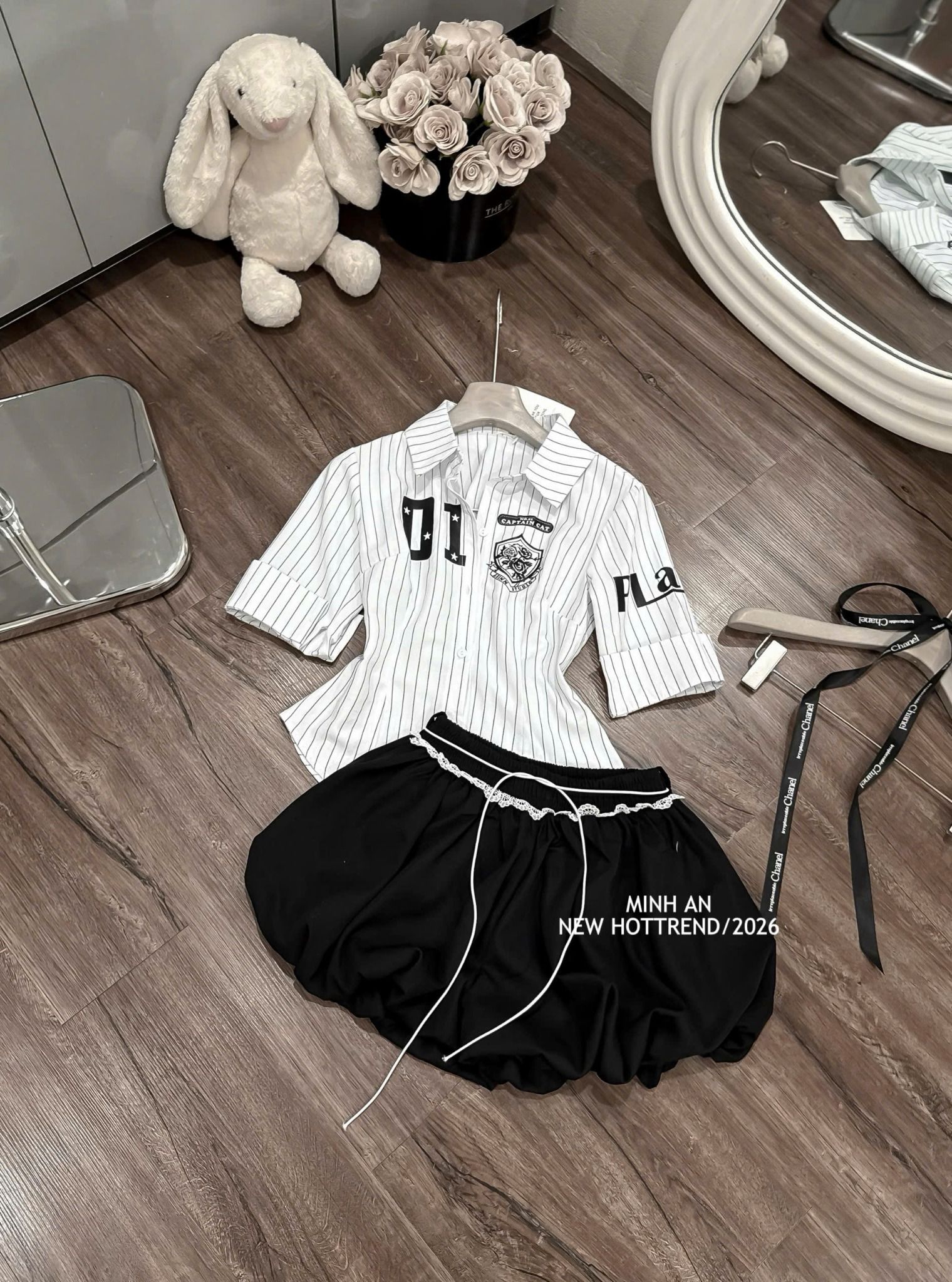  Set áo sơ mi kẻ tay lỡ mix chân váy bí phối dây - E126 (EO S<68, M<72) 