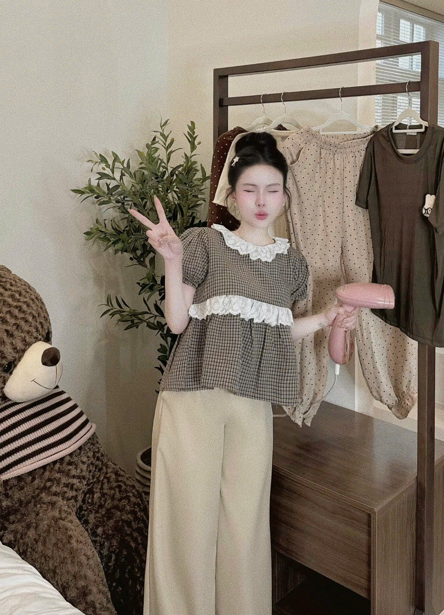  Q20 Set áo babydoll kẻ sọc phối cổ ren mix quần ống suông - NÂU - G130 