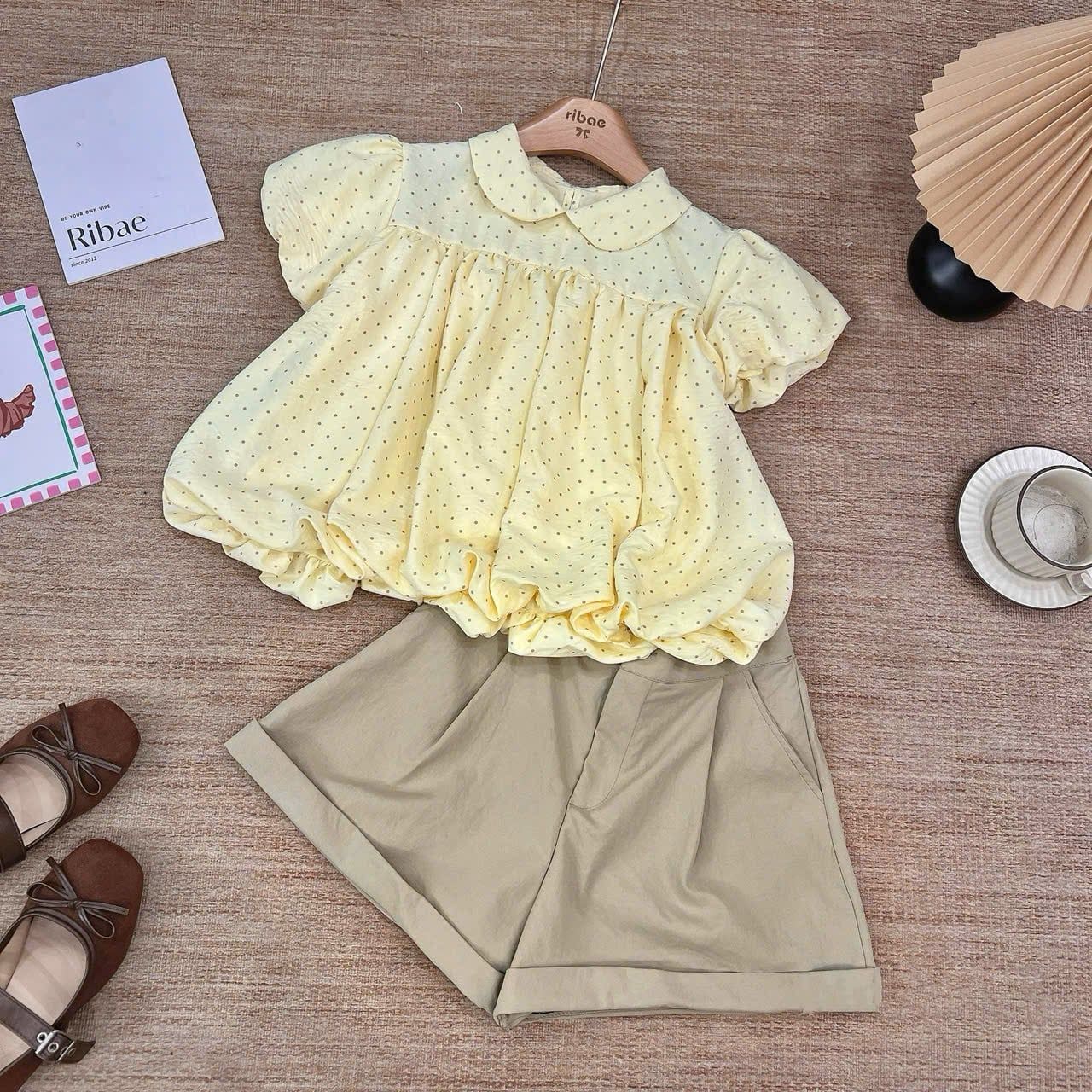  Set áo tay bồng cổ sen chấm bi mix quần short 50% lưng chun - E162 
