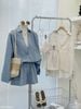 Set 3 món áo bra mix sơ mi đũi cổ v kèm quần short lưng chun dây rút - XANH - E178