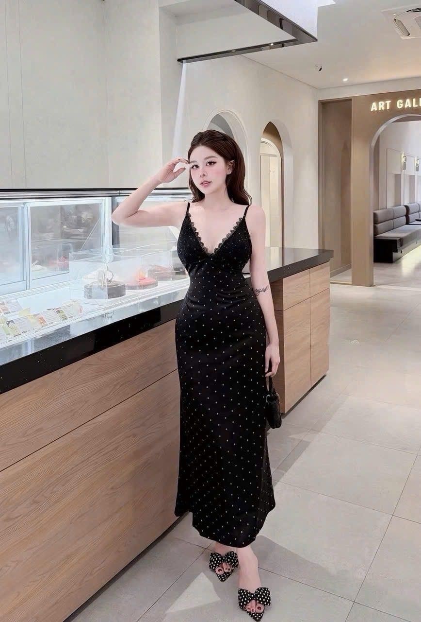  Váy cúp ngực viền ren họa tiết chấm bi dáng dài - E219 (EO S<68, M<72) 