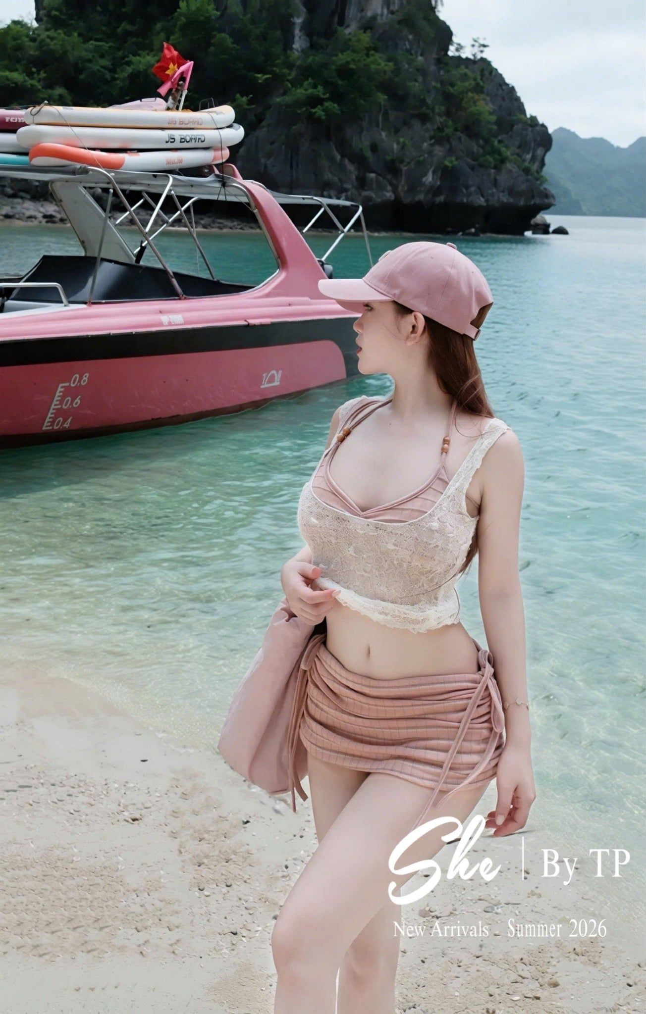  Set 3 món bra mix chân váy nhún rút dây kèm áo ren cổ u - HỒNG - K6 
