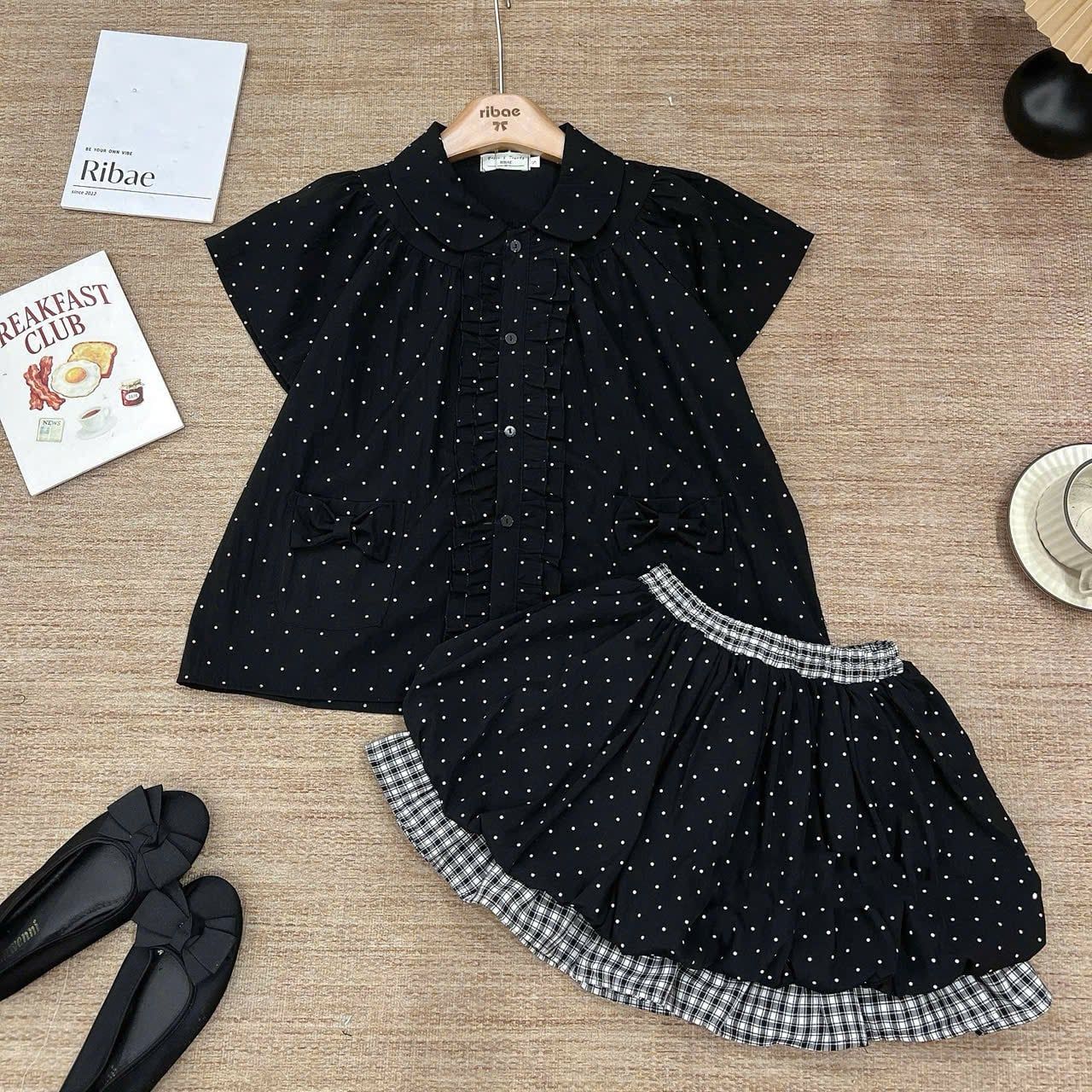  Set áo cộc tay form suông mix chân váy bí phối caro lưng chun - E226 