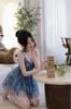 Váy hai dây cúp ngực chay viền loang màu HOT - XANH - K66 (EO S<68, M<72, L<76)