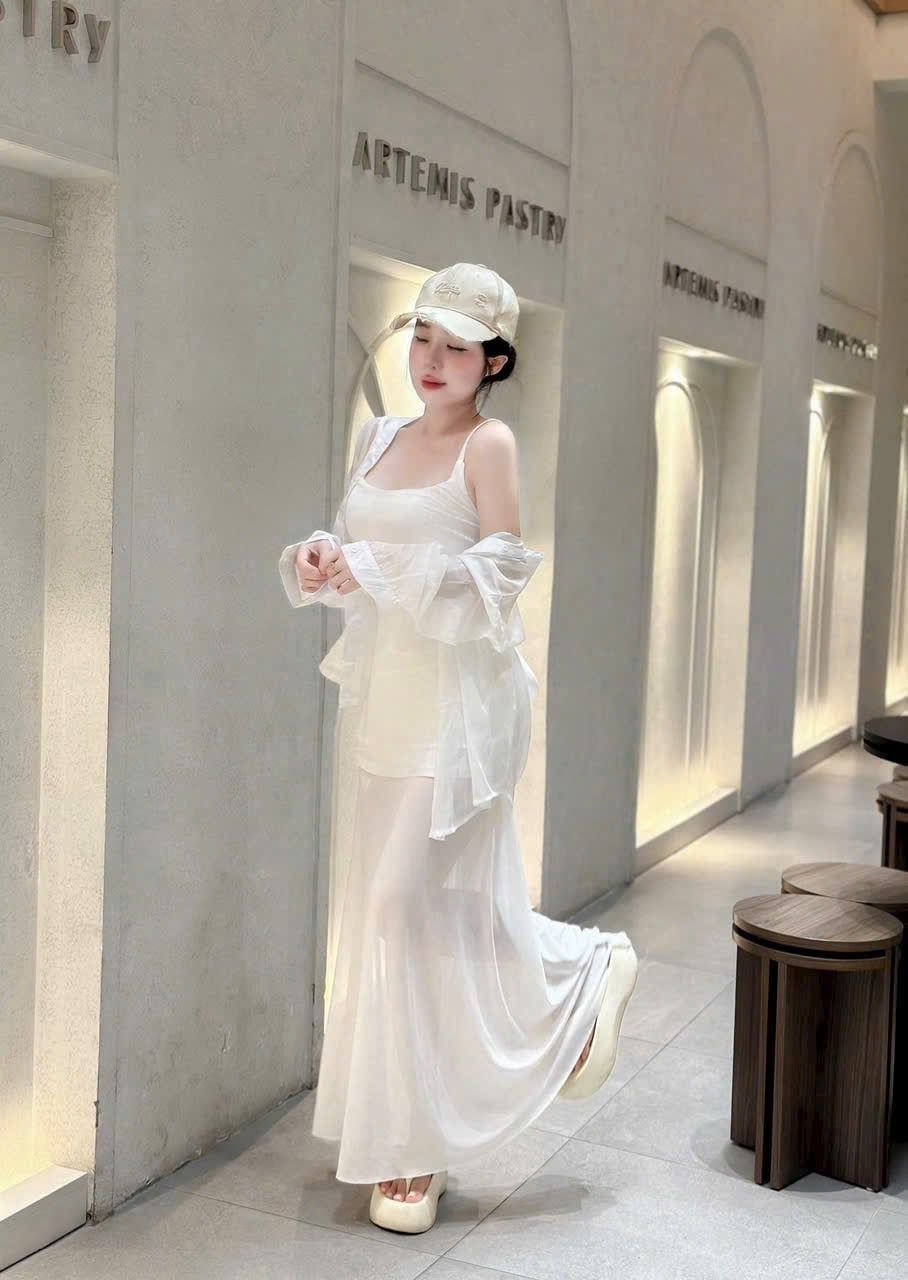  Set 2 món váy hai dây phối tầng voan mix áo sơ mi form rộng - K117 
