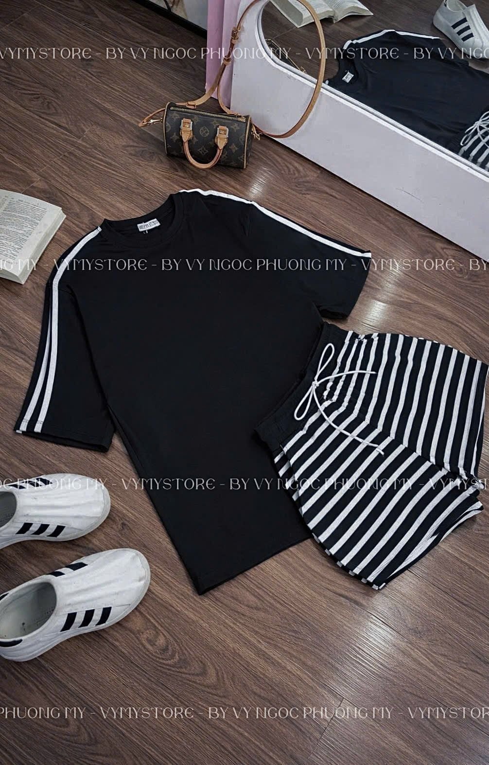  Set áo phông tay lở sọc vai mix quần ngắn kẻ sọc lưng chun - ĐEN - K41 