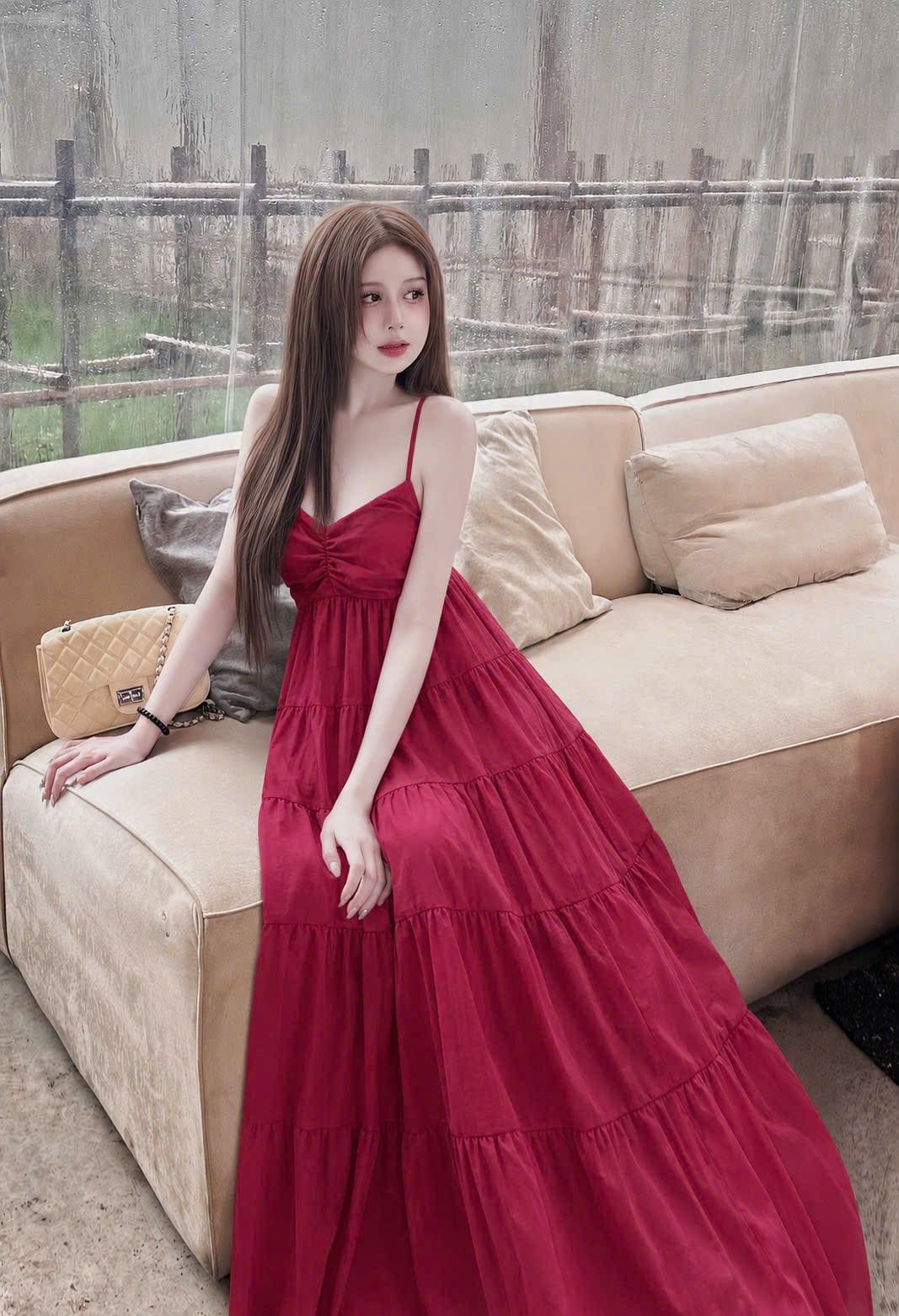 Váy maxi chiết ngực dáng dài chất voan hai lớp - ĐỎ - K174 