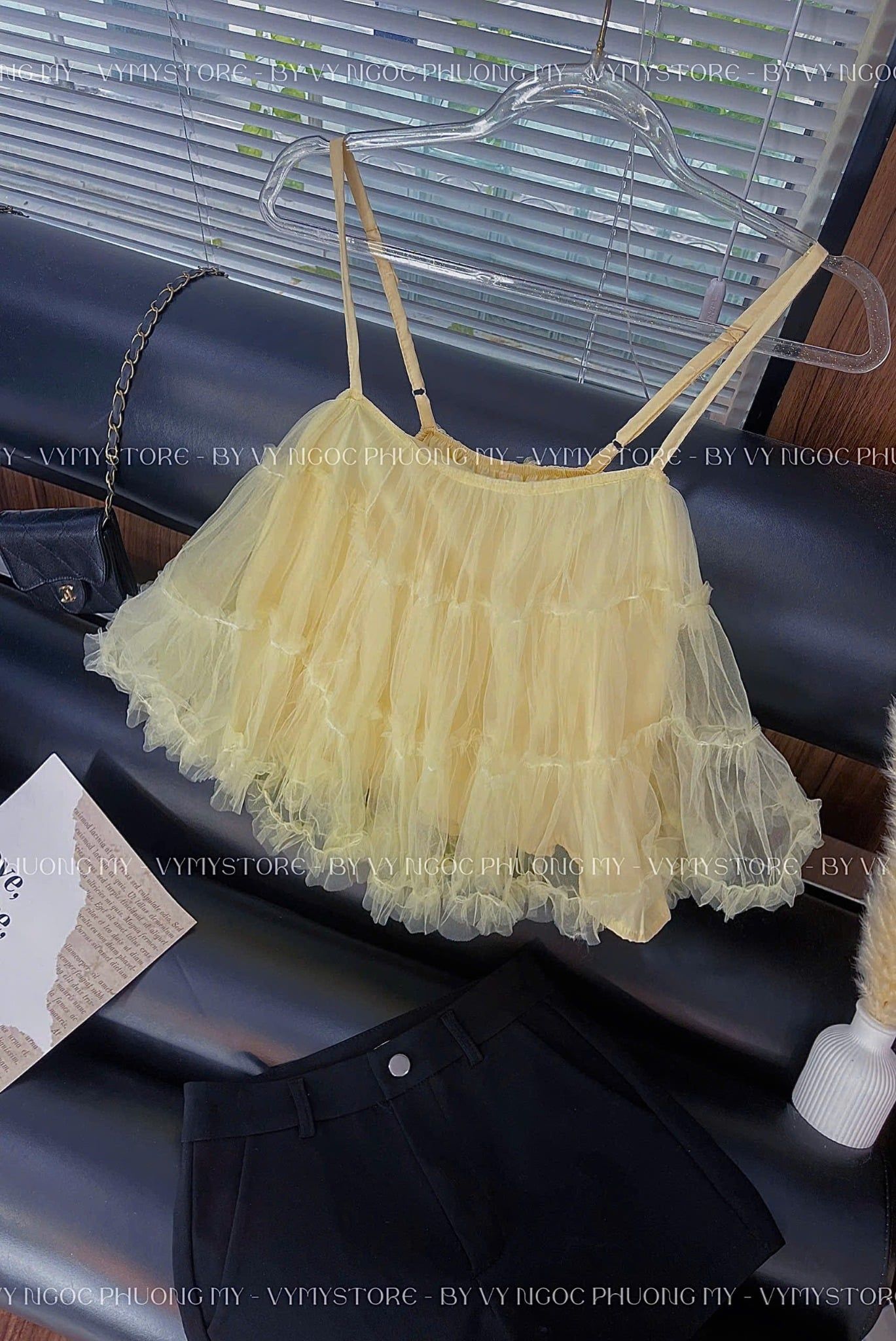  Áo 2 dây dáng ngắn babydoll lưới tầng bèo xoè bồng - VÀNG - K122 