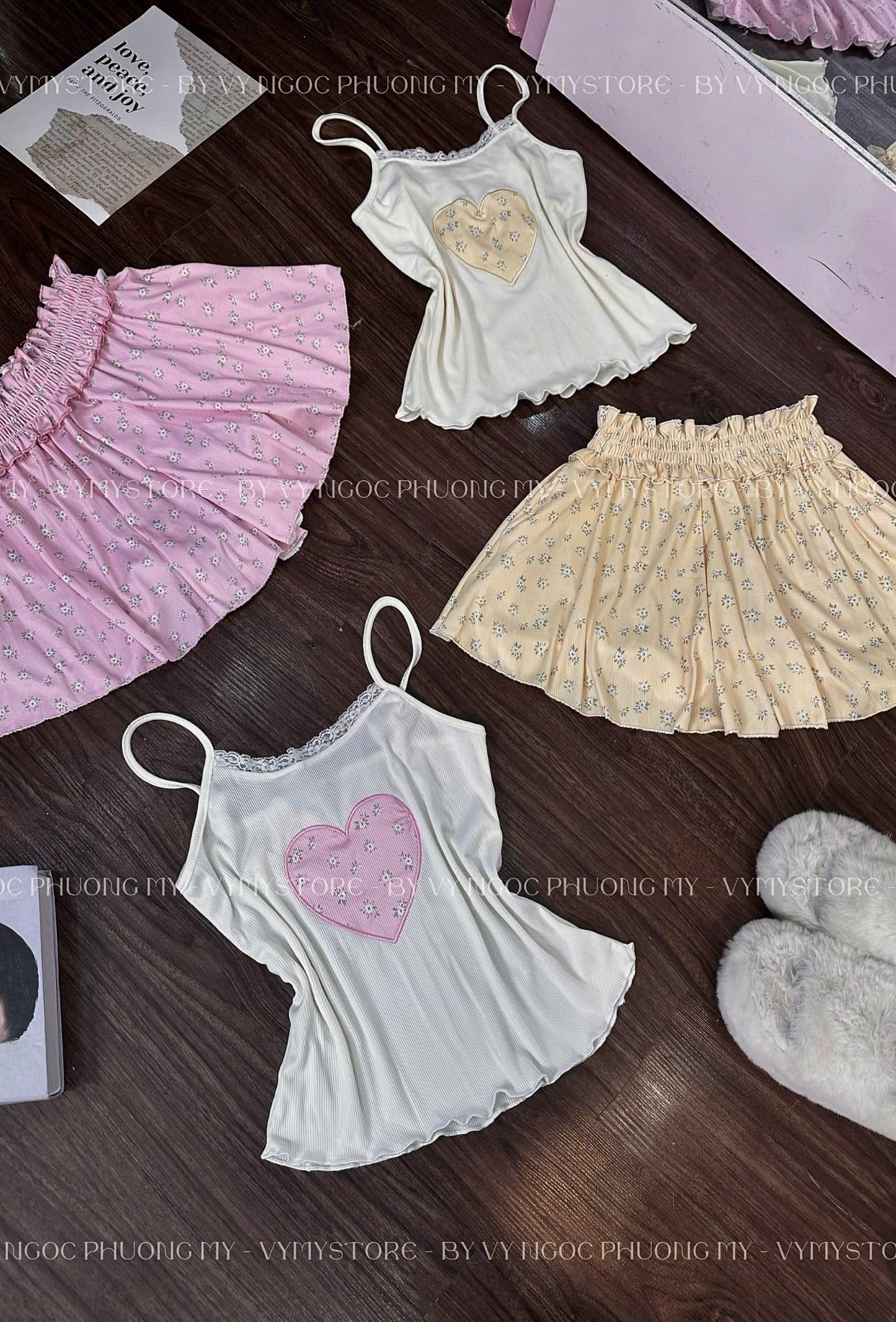  Set áo hai dây thêu tim nổi mix quần ống rộng cạp cao họa tiết - HỒNG - K195 